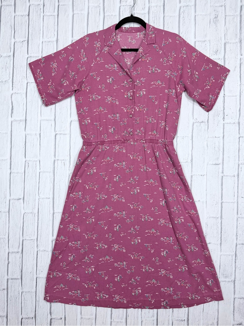 🌸 Vintage 80s 90s Pink Novelty Print Shirt Dress Pockets Est. Small